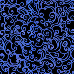 Patern with the image of clouds, curving lines, curls. Traditional oriental ornament on a black background. Abstract geometric seamless pattern. Textiles, wallpaper, background. Blue Felt-tip pen.