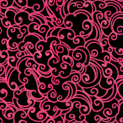 Patern with the image of clouds, curving lines, curls. Traditional oriental ornament on a black background. Abstract geometric seamless pattern. Textiles, wallpaper, background. Blue Felt-tip pen.