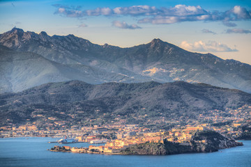 View of Portoferraio and Mount capanne village in  Island of elba, Tuscany, Italy