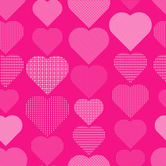 Festive background of hearts with various geometric ornaments. Seamless vertical vector illustration on a pink background.