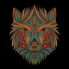 Stylized wolf in ethnic vector dark background