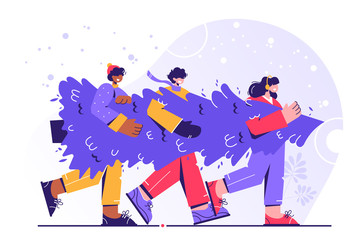 Happy friends carrying Christmas