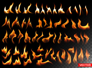 Realistic burning fire flames. Small and big bright elements isolated on black background. Power, fuel and energy symbols. Big vector set.