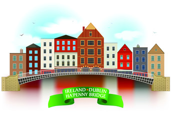 Ha'Penny bridge hand drawn artwork. Dublin architecture style on the white background.