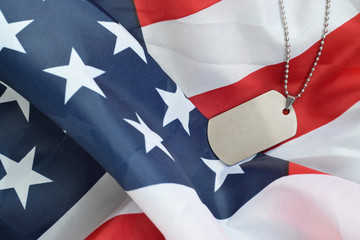 Silvery military beads with dog tag on United States fabric flag