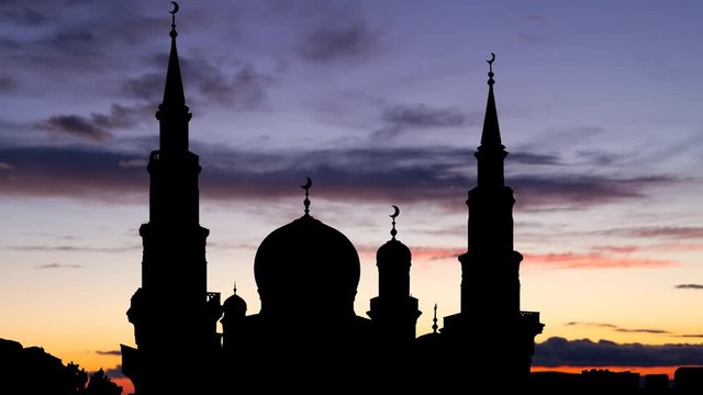 Cathedral of Moscow: Time Lapse at Twilight with Silhouette of Domes and Minarets of Mosque, Russia, Europe