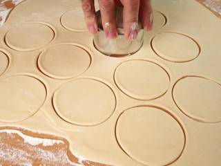 Cutting Dough into circles. Preparation Meat Dumplings.