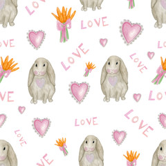 watercolor pattern with bunny. Design for Valentine's Day.