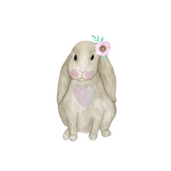 watercolor bunny. Tender illustration. Bunny with flowers