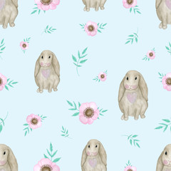 watercolor pattern with bunnies. Pattern for a girl, texture for the nursery. Pattern with flowers