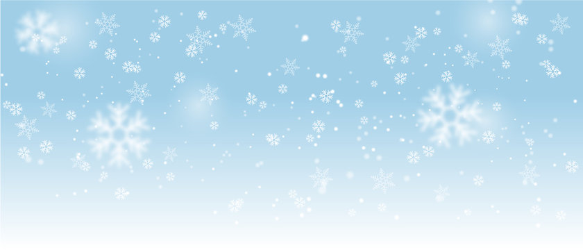 Snowfall and snowflakes blue sky transparent background, cold winter background