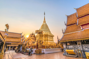 Wat Phra That Doi Suthep with sun rising in the morning, the most famous temple in Chiang Mai, Thailand