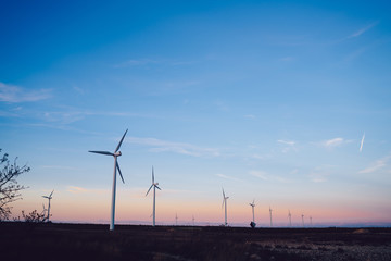 Large windmills against a blue sky