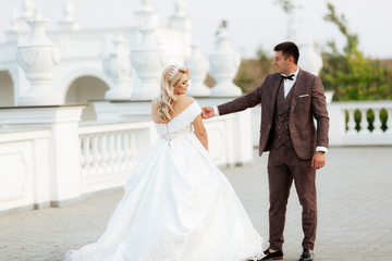 Fototapeta premium The bride and groom walk together in the park. Charming bride in a white dress, the groom is dressed in a dark elegant suit