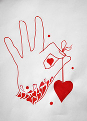 Drawing linear hand with one big and one smaller red heart on white paper. Hand holds a heart  as a...