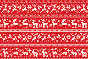 Christmas Pixel Pattern with Deer and Elk. Traditional Nordic Seamless Striped Ornament. Scheme for Knitted Sweater Pattern Design or Cross Stitch Embroidery