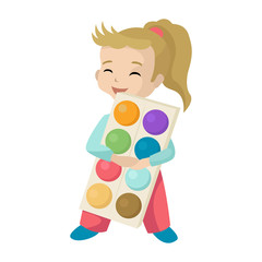The girl the schoolgirl holds paints hands, water color for a creative hobby. Vector character