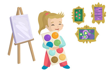 Girl holding paints, drawing holt and paintings. Vector illustration