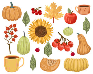 Set of elements for design on an autumn theme. Vegetables, berries and plants. Isolates on a white background.