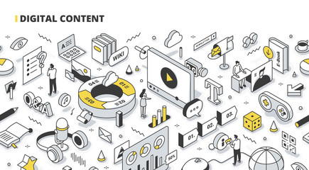 Digital Content Isometric Outline Illustration