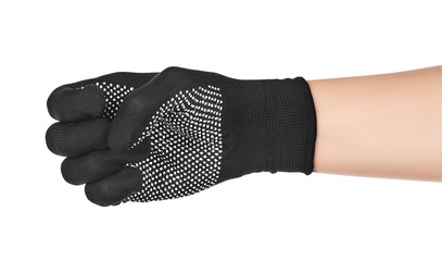 Hand in a black glove on an isolated white background. Gesture to hold