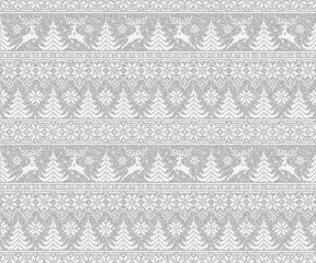 Winter Holiday Pixel Pattern with Deer and Christmas Trees. Traditional Nordic Seamless Striped Ornament. Scheme for Knitted Sweater Pattern Design or Cross Stitch Embroidery