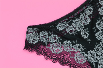 Black women underwear with lace on pink background with copy space. Beauty fashion blogger concept....