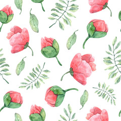 Seamless pattern with watercolor peonies, twigs, leaves and buds is perfect for printing, textile, fabrics, wrapping and scrapbook paper, wallpaper and any design.