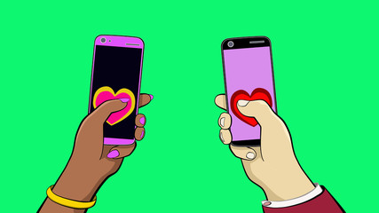 Hand of man and woman. Hold two smartphones and call each other.In the center of the screen are heart symbols.  You can replace the background. 4K.