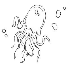 Jellyfish. Vector illustration of a jellyfish with bubbles. Hand drawn jellyfish in the sea.