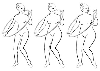 Collection. Silhouette of a cute lady, she is engaged in rhythmic gymnastics with a hoop. The woman is overweight and a slender girl athlete. Vector illustration set