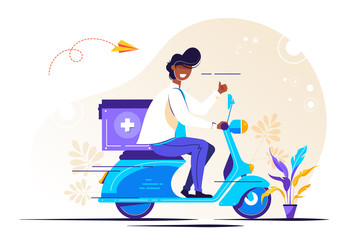 Obraz premium male doctor in uniform riding scooter 