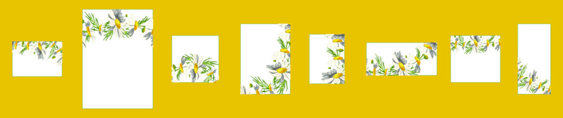 Set of different white cards with a floral pattern and place for text on a yellow background. Wild camomile pharmacy on a white background. Seamless brushes in swatches.