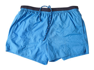 Blue swimming trunks shorts isolated on white background. Close up.