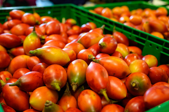 Tamarillo, egg-shaped edible fruit, also called tree tomato, tomate de arbol, tomate andino, tomate serrano, tomate de yuca