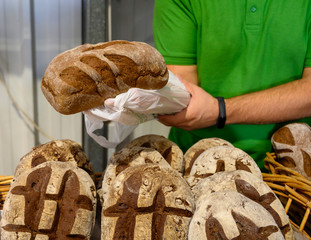 Fresh baked bread from artisanal bakery on farmers market, Tenerife, Canary islands, Spain