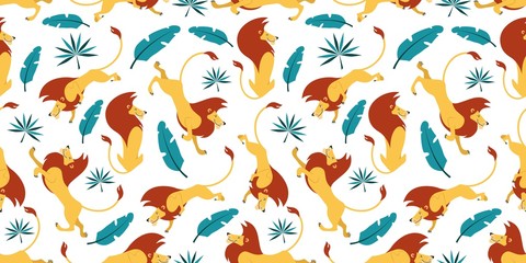 Tropical leaves and wild lions seamless pattern vector illustration. Summer endless texture with cute wild lew and tropic plants flat style for wrapping paper, wallpaper. Isolated on white