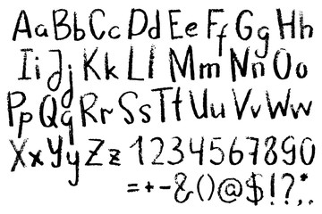English letters and numbers. Handwritten grunge alphabet with punctuation signs on white background.