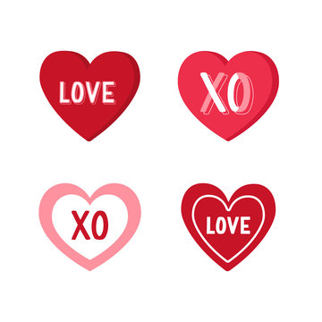 Heart sticker set. Color label, tag hearts with hand drawn lettering and different ornaments. Paper sticker in heart shape. Love icon. Romantic design elements. Vector illustration