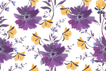 Fototapeta na wymiar Art floral vector seamless pattern. Purple and yellow flowers, purple sage, salvia isolated on white background. Delicate endless pattern for wallpaper, fabric, textile, digital paper.