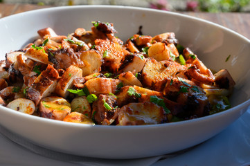Tastes of Spain, fresh homemade Galician octopus salad with red paprika and parsley