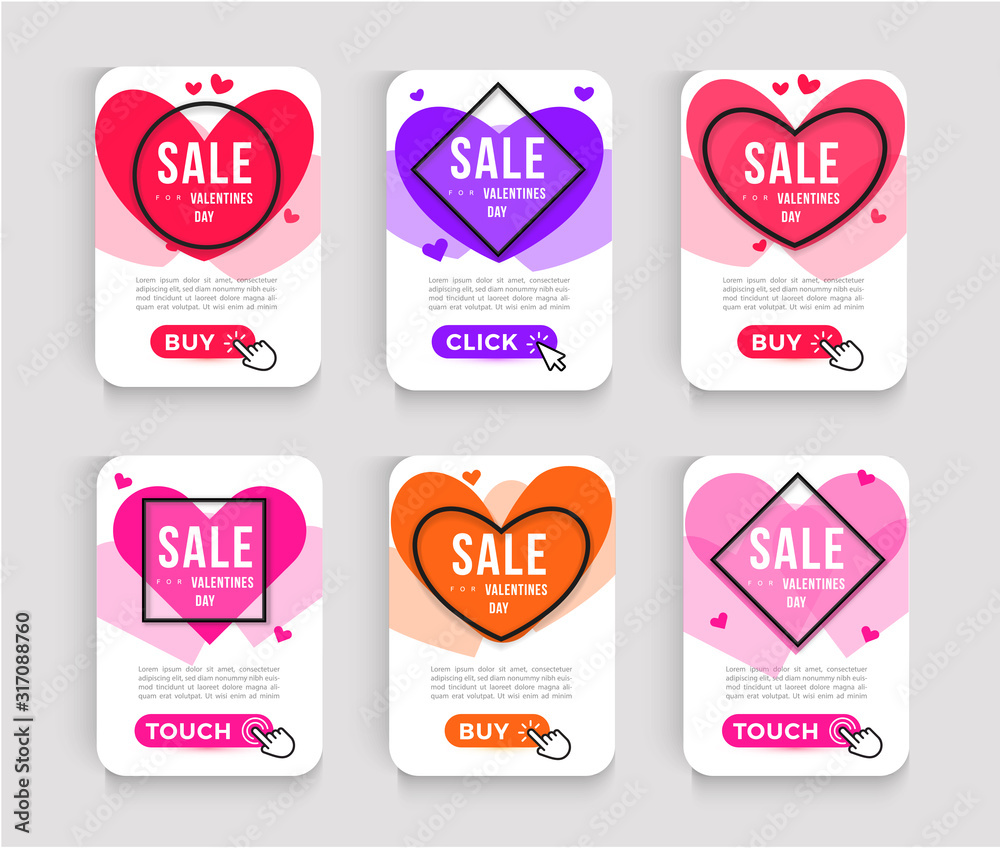 Poster set of valentines day sale posters. web banner design with hearts icon, geometric linear borders and