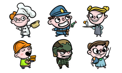 Boys and girls in costumes playing different jobs vector illustration