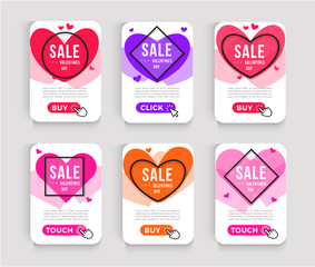 Set of Valentines Day Sale Posters. Web banner design with hearts icon, geometric linear borders and click buttons. Vector advertising graphic, EPS10.