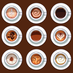 Icon set of different sorts of coffee in white cups