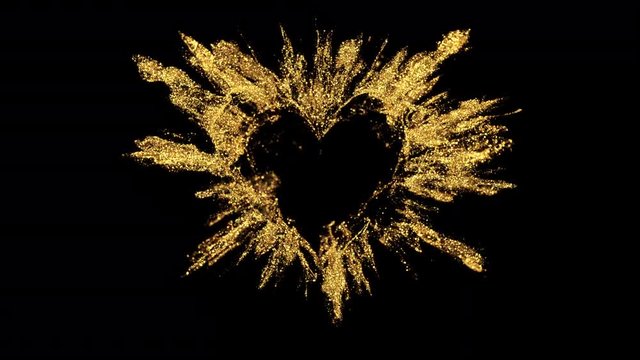 Golden shining glitter burst explosion forming a heart shaped hole. St. Valentines Day love animation. Vivid bokeh sparkles, glowing particles. Romantic lovely logo copy space. Alpha copyspace 4k