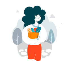 Woman holding paper bag with food products flat vector illustration