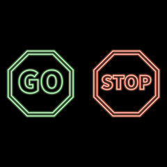Exclamation mark, go and stop traffic neon signs set. Road signs or warnings design. Vector illustration in neon style.