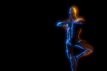 3d man doing yoga exercise in tree pose isolated on black background