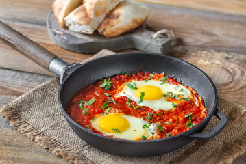 Shakshouka served in a frying pan